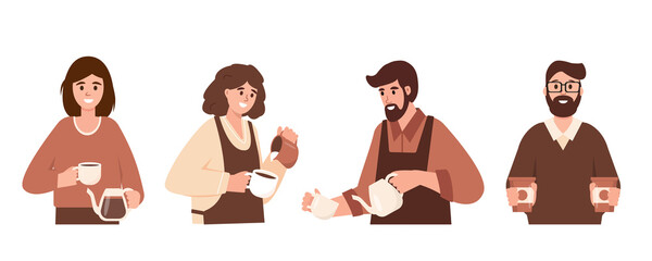Set of Baristas making Coffee. Male and female characters working in coffee shop or cafe. Flat or cartoon Vector illustration isolated on white background.