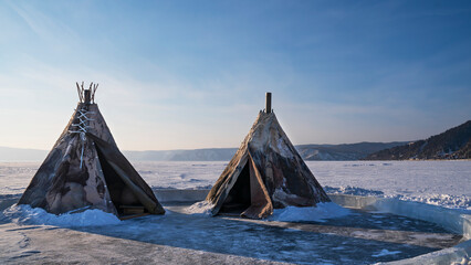 Dwelling of the indigenous peoples of the north of the Nenets on winter Baikal.
