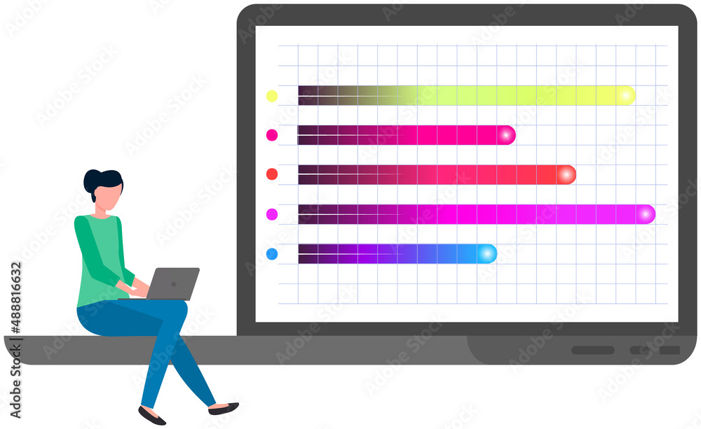 Aufkleber woman studies statistics on presentation. female character while working or studying with report. gi
