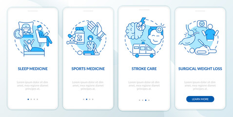 Services for patients blue onboarding mobile app screen. Medical care walkthrough 4 steps graphic instructions pages with linear concepts. UI, UX, GUI template. Myriad Pro-Bold, Regular fonts used