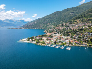 Aerial view of Bellano, panoramic view from the drone to the famous old Italy town of Como lake. Near Varenna and Lierna, Bellano is a small town in Como, near Lecco, in Lombardia.