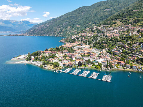 Aerial view of Bellano, panoramic view from the drone to the famous old Italy town of Como lake. Near Varenna and Lierna, Bellano is a small town in Como, near Lecco, in Lombardia.