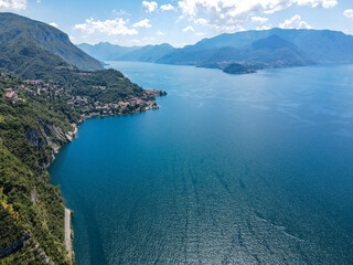 Obraz premium Aerial view of Bellano, panoramic view from the drone to the famous old Italy town of Como lake. Near Varenna and Lierna, Bellano is a small town in Como, near Lecco, in Lombardia.