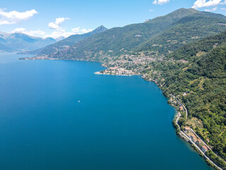 Aerial view of Bellano, panoramic view from the drone to the famous old Italy town of Como lake. Near Varenna and Lierna, Bellano is a small town in Como, near Lecco, in Lombardia.