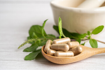 Alternative medicine herbal organic capsule with vitamin E omega 3 fish oil, mineral, drug with herbs leaf natural supplements for healthy good life.