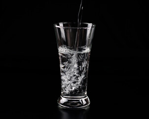Pour pure fresh water into a clear glass with a black background.