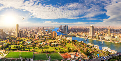Cairo skyline downtown panorama, view on the Nile and bridges, Egypt