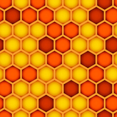 Honeycombs seamless pattern design with hexagon overlay on gradient orange, red and yellow background. Polygon vector pattern with honeycombs. For natural medicine and bee products promotion.