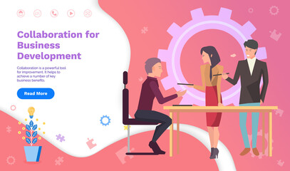 Collaboration, business development of team concept. Algorithmization and programming, planning conference, people work with presentation on board. Website or webpage template, landing page flat style