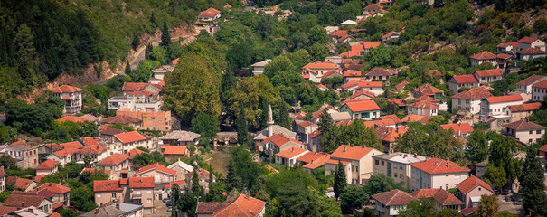 Aerial view of  Ottoman bridge and it&acute;s surroundings , Stolac Bosnia and Herzegovina 