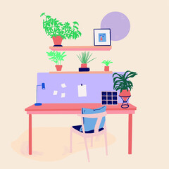 Espace de travail avec bureau, chaise et étagères avec plantes et décoration
