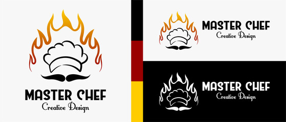 chef hat logo design template, mustache icon and fire icon in creative concept. premium vector logo illustration