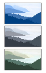 Set of poster template with wild mountains and  fog. Design element for banner, flyer, card.