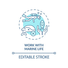 Work with marine life turquoise concept icon. Improve aquatic animals welfare abstract idea thin line illustration. Isolated outline drawing. Editable stroke. Arial, Myriad Pro-Bold fonts used