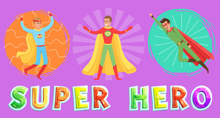 Strong super male smiles and flies to save world stretched out his hand. Brave character in superhero costume with cloak on white background. Cartoon person hurries to protects people from villains