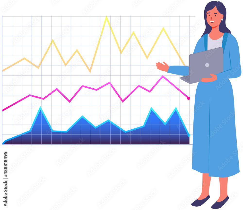 Aufkleber woman studies statistics on presentation. female character while working or studying with report. gi
