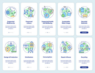 Circular economy strategies onboarding mobile app screen set. Recycling walkthrough 5 steps graphic instructions pages with linear concepts. UI, UX, GUI template. Myriad Pro-Bold, Regular fonts used