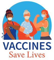 Stop coronavirus agitation concept. Vaccination promo, immunization of workers. Vaccine saves lives. People wearing protective mask showing their arm with bandage after receiving covid-19 vaccine