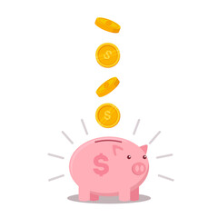 Pink coin box. Piggy bank with falling gold coins. The concept of saving or save money or open a bank deposit.