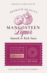 Family Recipe Mangosteen Liquor Acohol Label. Abstract Vector Packaging Design Layout. Modern Typography Banner with Hand Drawn Fruit with a Half Silhouette Logo and Background Isolated