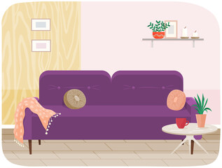 Naklejka premium Living room furniture design, modern home interior elements. Contemporary furniture for living room or home office. Sofa with pillows. Modern sofa place to relax