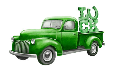 Watercolor St Patrick's Day Vintage Green Truck, Cute Gnome Lucky, clover clip art, Retro Trucks