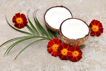 the pair of white brown coconut with marigold flowers and green leaves over out of focus grey background.