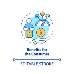 Fototapeta na wymiar Benefits for consumer concept icon. Circular economy advantage abstract idea thin line illustration. Eco-friendly products. Isolated outline drawing. Editable stroke. Arial, Myriad Pro-Bold fonts used