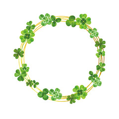 Watercolor circle frame with clover leaves. Floral fwreath with shamrock and quote "Be lucky". St.Patick day