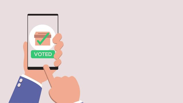 e-voting animation concept - hand holding a smart phone with online voting concept on screen