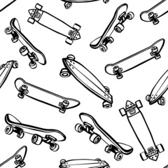Seamless pattern with 4 doodle skateboards. Background for teen boys and girls with skateboard or longboard. Outline drawing icon sketch in minimal style.