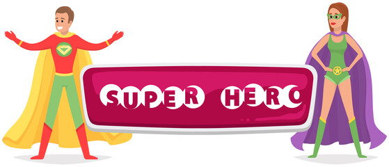 Strong super man and super woman smiles and flies to save world stretched out his hand. Brave character in superhero costume with cloak. Cartoon person hurries to protects people from villains