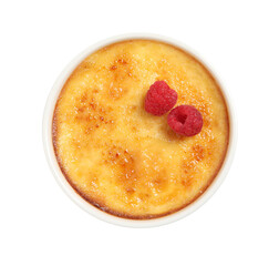 Delicious creme brulee with fresh raspberries isolated on white, top view