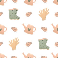 cute spring pattern for kids - rubber boots and gardening watering can