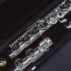 Naklejka premium part of silver flute in wooden case