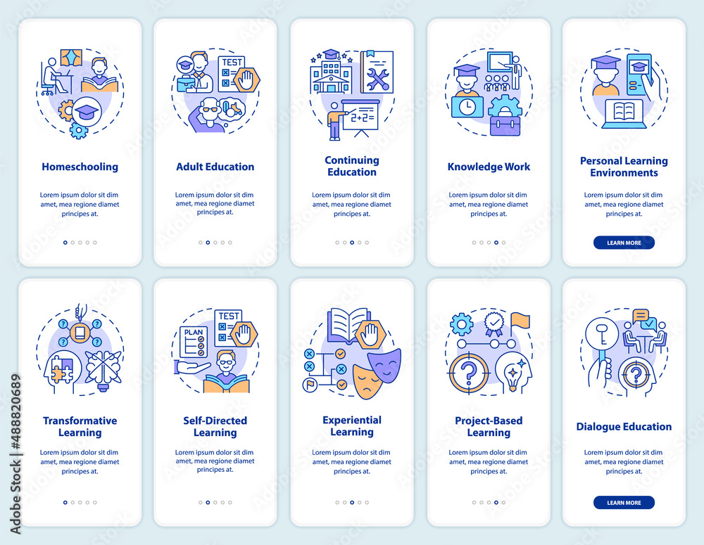 Poster lifelong learning onboarding mobile app screen set. context and theories. walkthrough 5 steps graphi