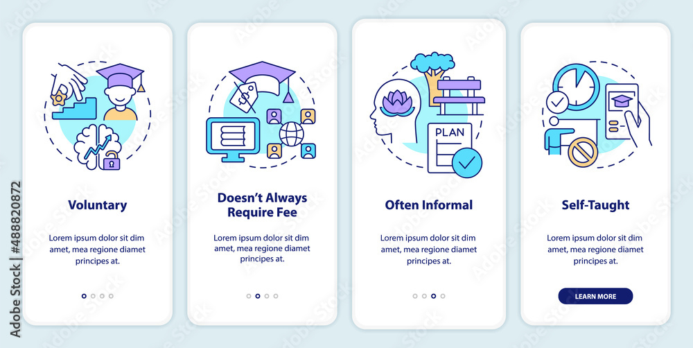 Poster lifelong learning characteristics onboarding mobile app screen. walkthrough 4 steps graphic instruct