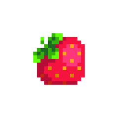Strawberry cute pixel art icon. Funny berry isolated vector illustration. 8-bit. Design stickers, logo, app, embroidery. 