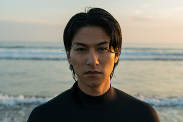 朝の海でサーフィンをする男性