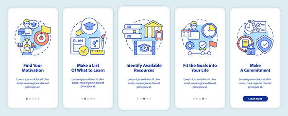 Adopting lifelong learning onboarding mobile app screen. Walkthrough 5 steps graphic instructions pages with linear concepts. UI, UX, GUI template. Myriad Pro-Bold, Regular fonts used