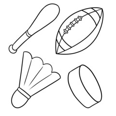 Monochrome illustration. coloring book. Collection of minimalistic images on the topic of sports