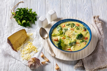 Broccoli cheese soup in a bowl, top view