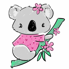 Hand drawn cute childish illustration koala and flower. Print design.