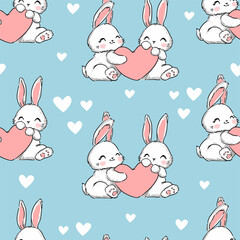Cute rabbits with pink heart on blue background Valentines day background print vector illustration bunny