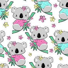 Koala and flowers pattern seamless. Vector illustration. Fabric design