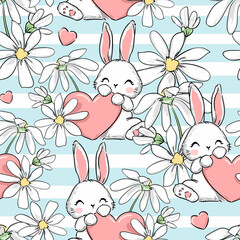 Cute rabbits and flower arrangement and pink heart background vector seamless pattern