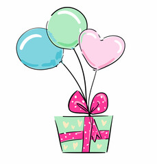 Sketch gift and balloons isolated on white background holiday element vector illustration