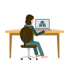 A man is sitting on an office chair at his laptop at home. User Rear view. Vector image of a man behind a desk with a laptop for animation. All details on separate layers