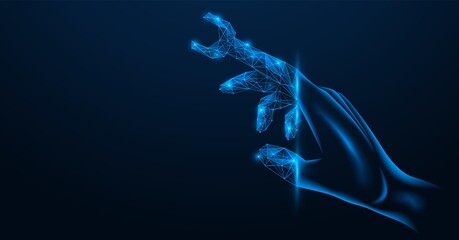 A wrench on the finger of the hand. A tool for setting up digital mechanisms. Polygonal design. Blue background.