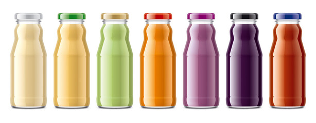 Set of Glass Bottles with non-transparent Juices.  